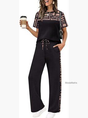 Two Piece Lounge Set with Wide Leg Pants - Soft Stretchy Casual Outfit